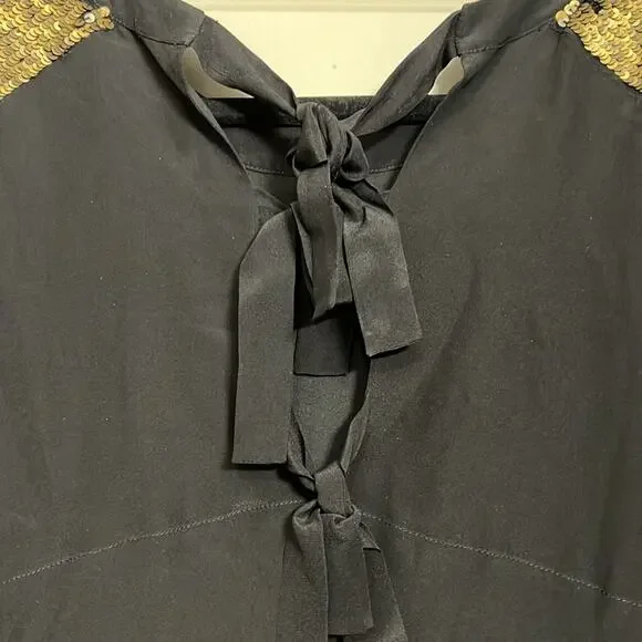 Madewell Black Silk & Gold Sequin Shoulder Accent Back Ribbon Cutout Dress - Picture 11 of 12